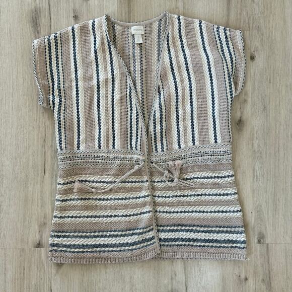 Chico's Beige Striped Open Front Knit Cardigan Sweater Short Sleeve Size 1 - Picture 1 of 6